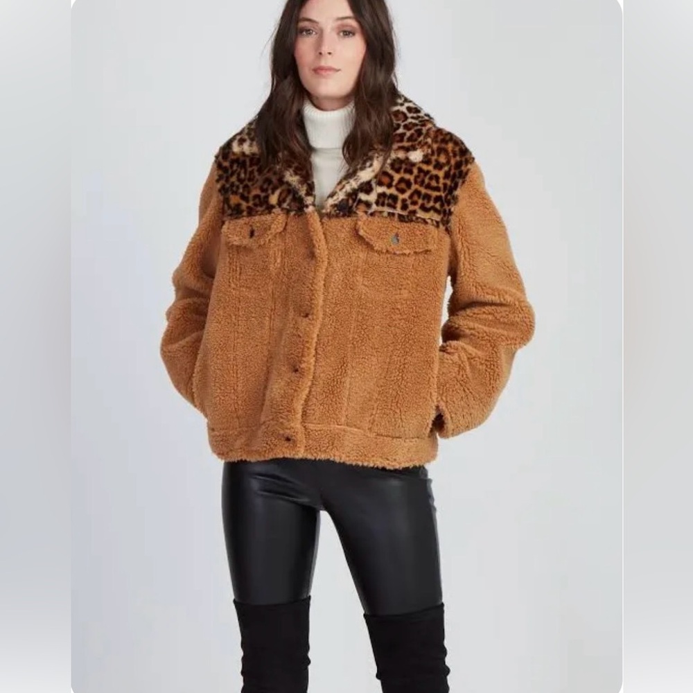 Jocelyn Brown Teddy Coat with Animal Print Faux Fur Trim
